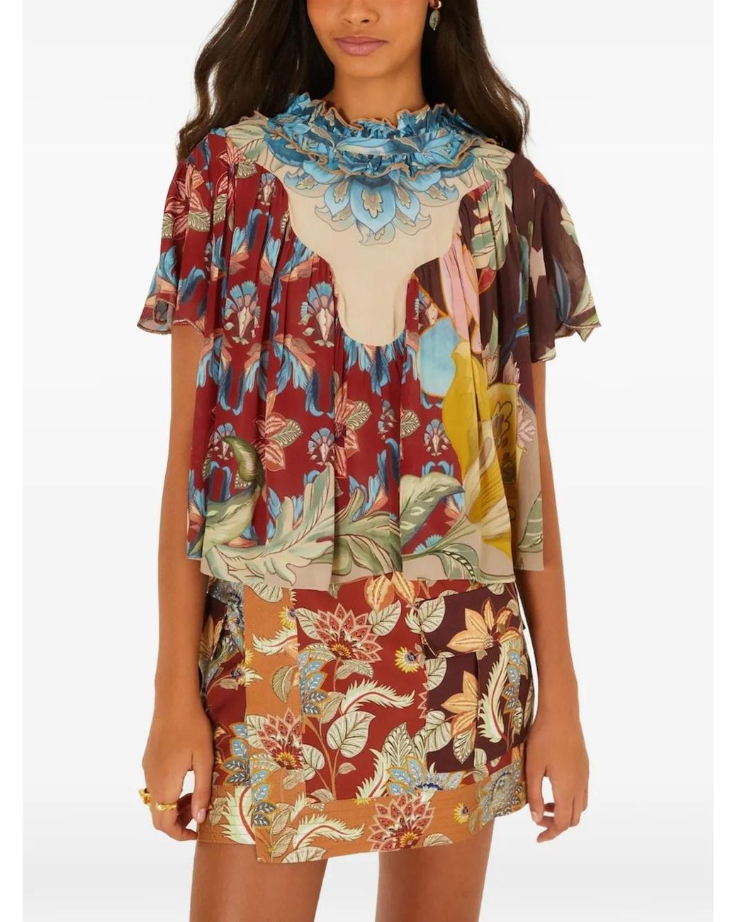 Farm Rio Red Floral-Print Ruffled Blouse
