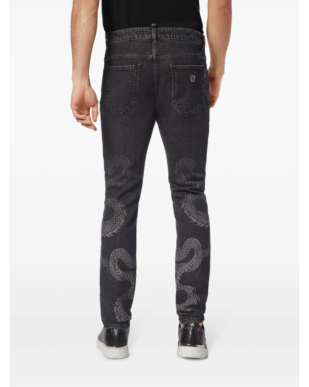 Philipp Plein Gray Dragon-Print Washed Straight-Leg Jeans for men