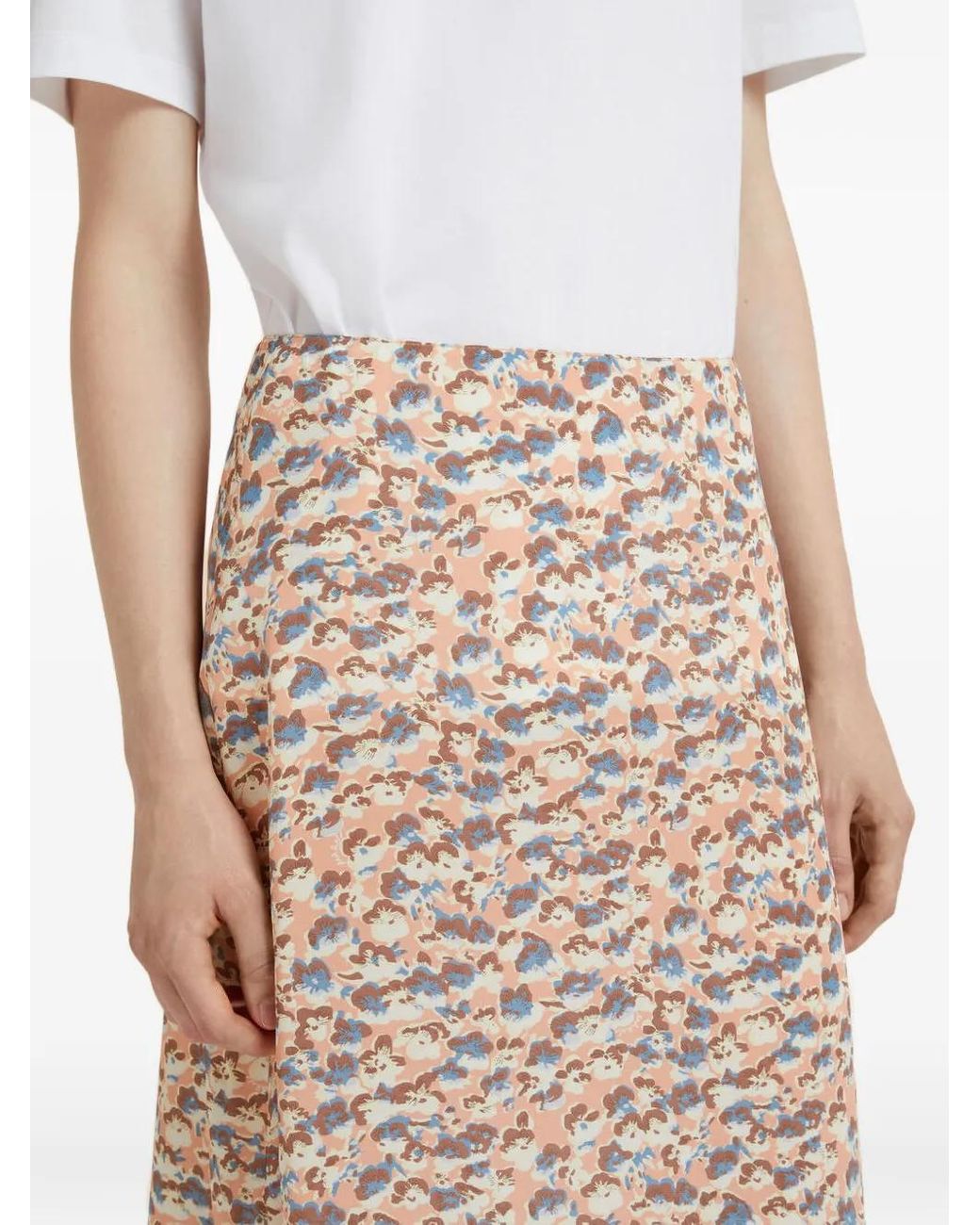 Marni Natural Crêpe De Chine Fluid Skirt With Anemones Print