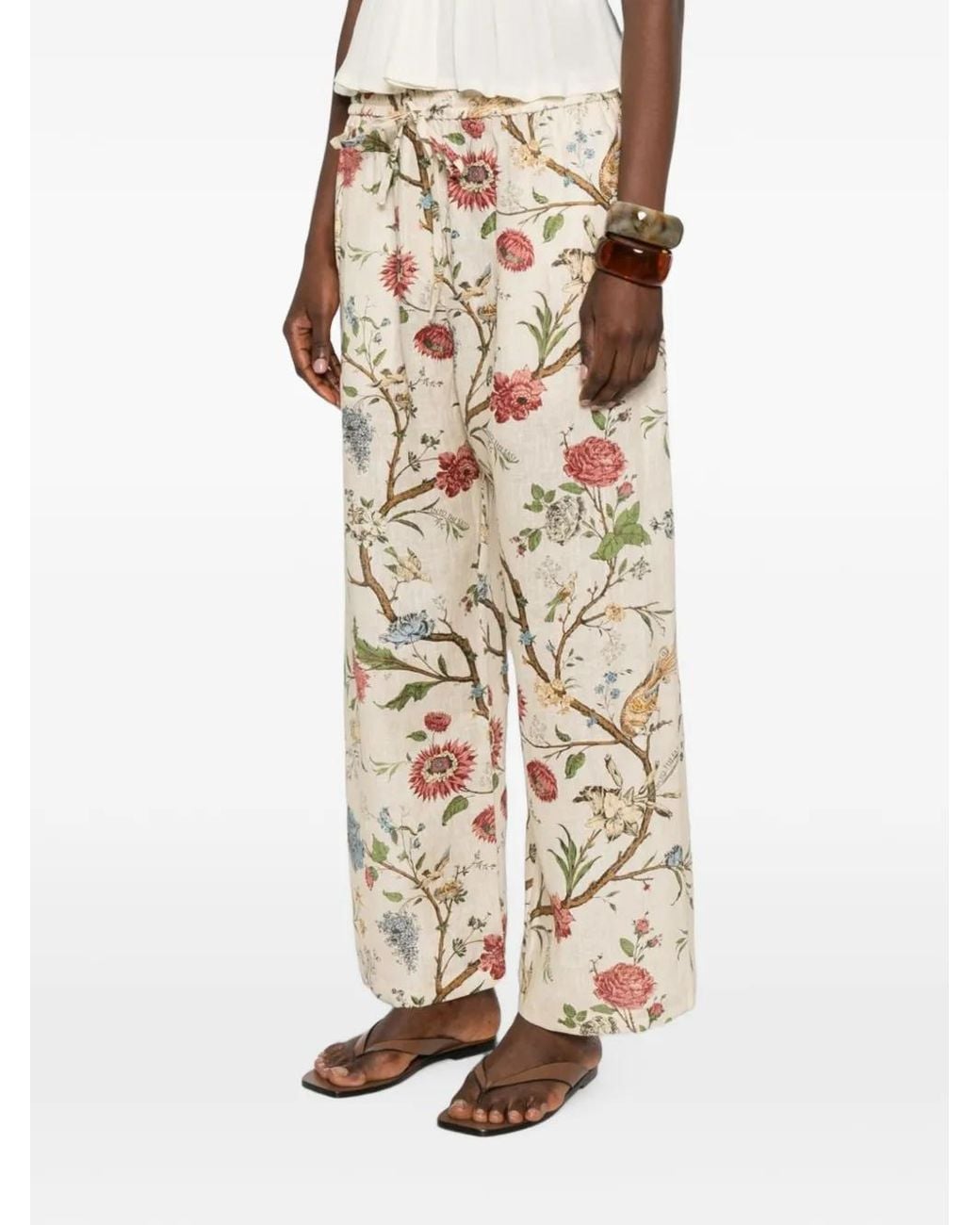 Into The East Natural Floral-Print Linen Trousers