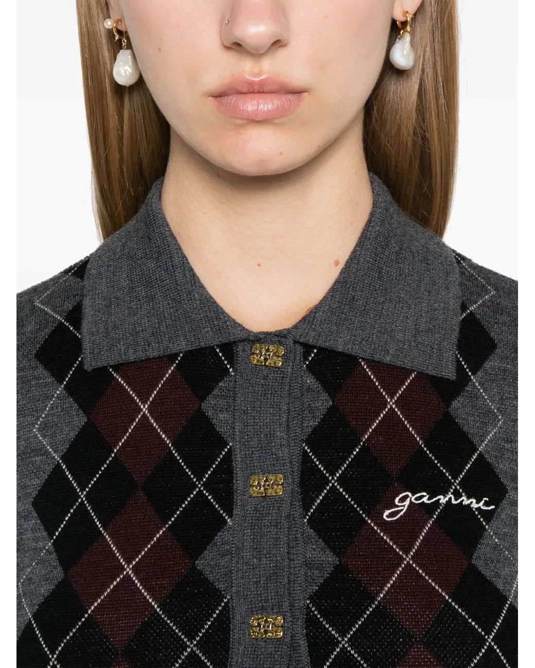 Ganni Black Anthracite Long-Sleeve Polo Shirt