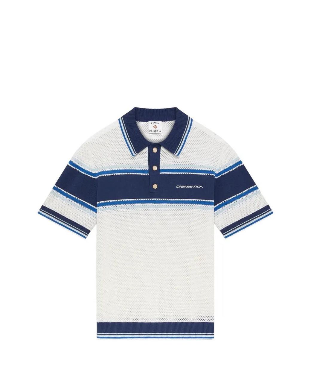 Casablanca Blue Striped Mesh Short Sleeve Polo Shirt for men