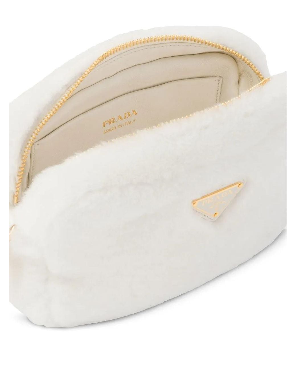 Prada Natural Triangle-Plaque Shearling Shoulder Bag