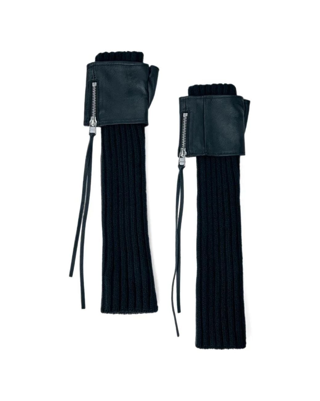 Yohji Yamamoto Blue Ribbed-Knit Leather-Cuff Arm Warmers