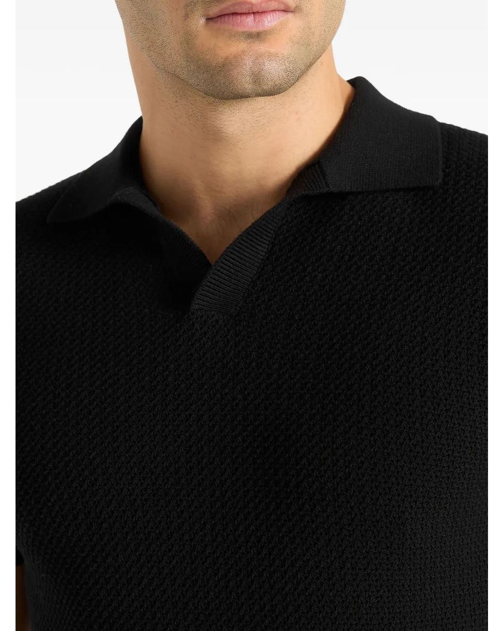 Manière De Voir Black Rowen Textured Knit Revere Polo Shirt for men