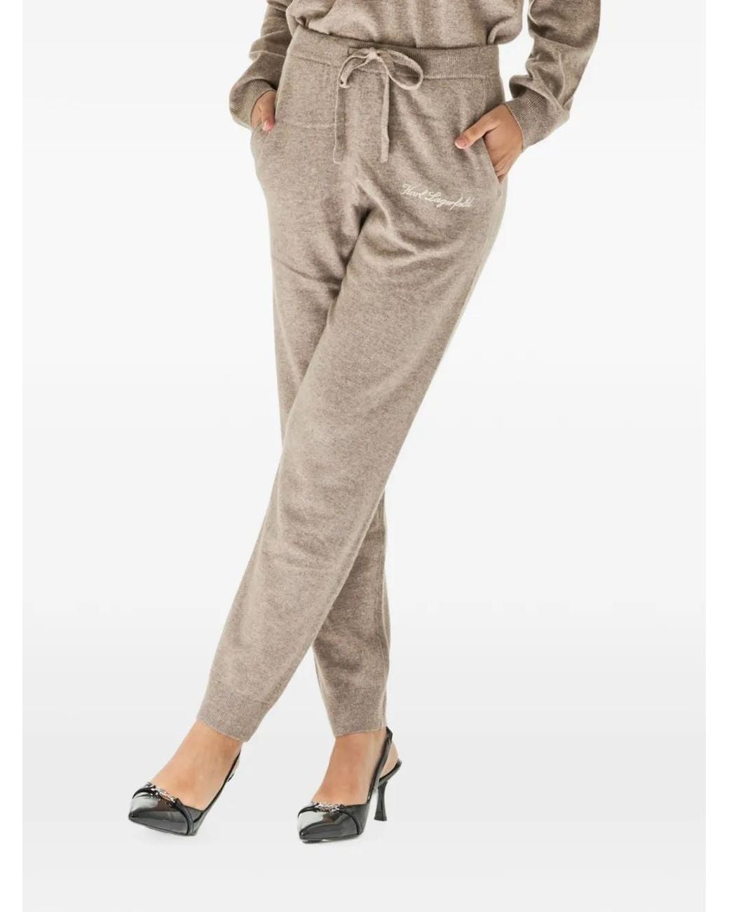 Karl Lagerfeld Natural Logo-Embroidered Cashmere Track Pants