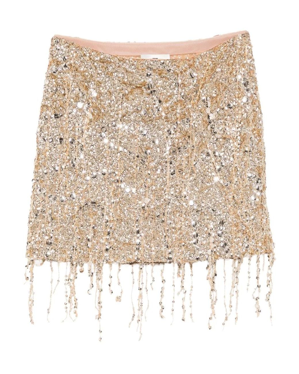 Elisabetta Franchi Natural Sequinned-Fringe Tulle Mini Skirt