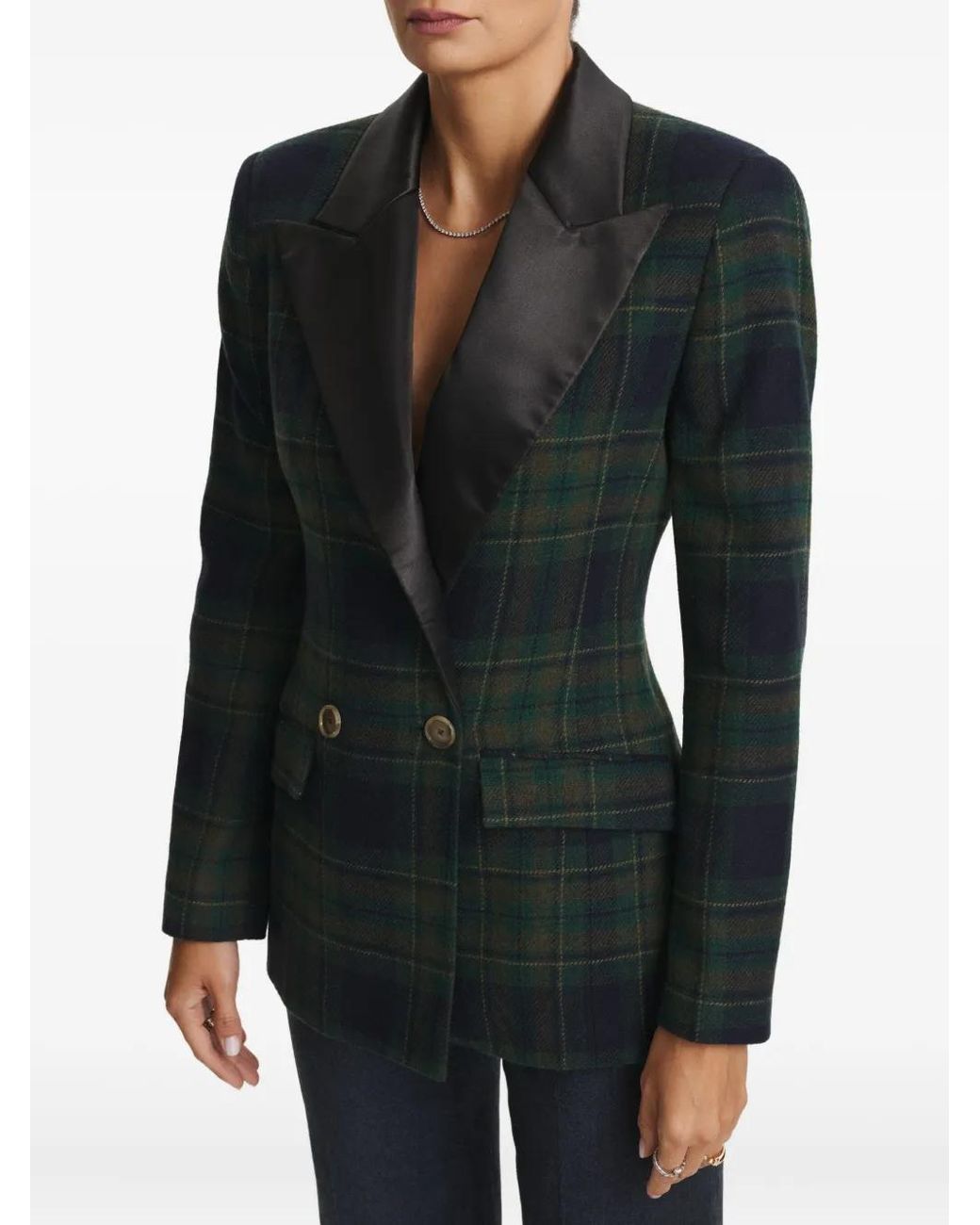 CuAnna Black Midi Double-Breasted Plaid-Pattern Blazer