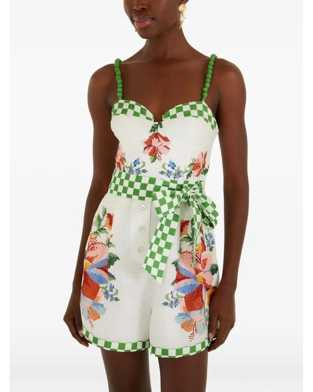 Farm Rio Green Calm Breeze Beaded Straps Belted Romper