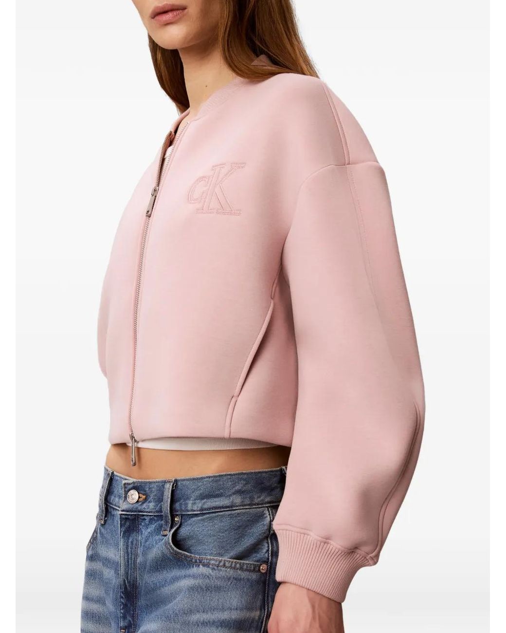 Calvin Klein Pink Logo-Embroidered Cropped Bomber Jacket
