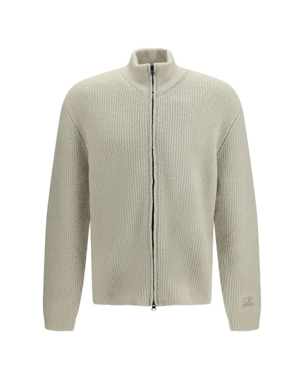 C P Company White Bouclè Felted Yarn Zip Logo Cardigan for men