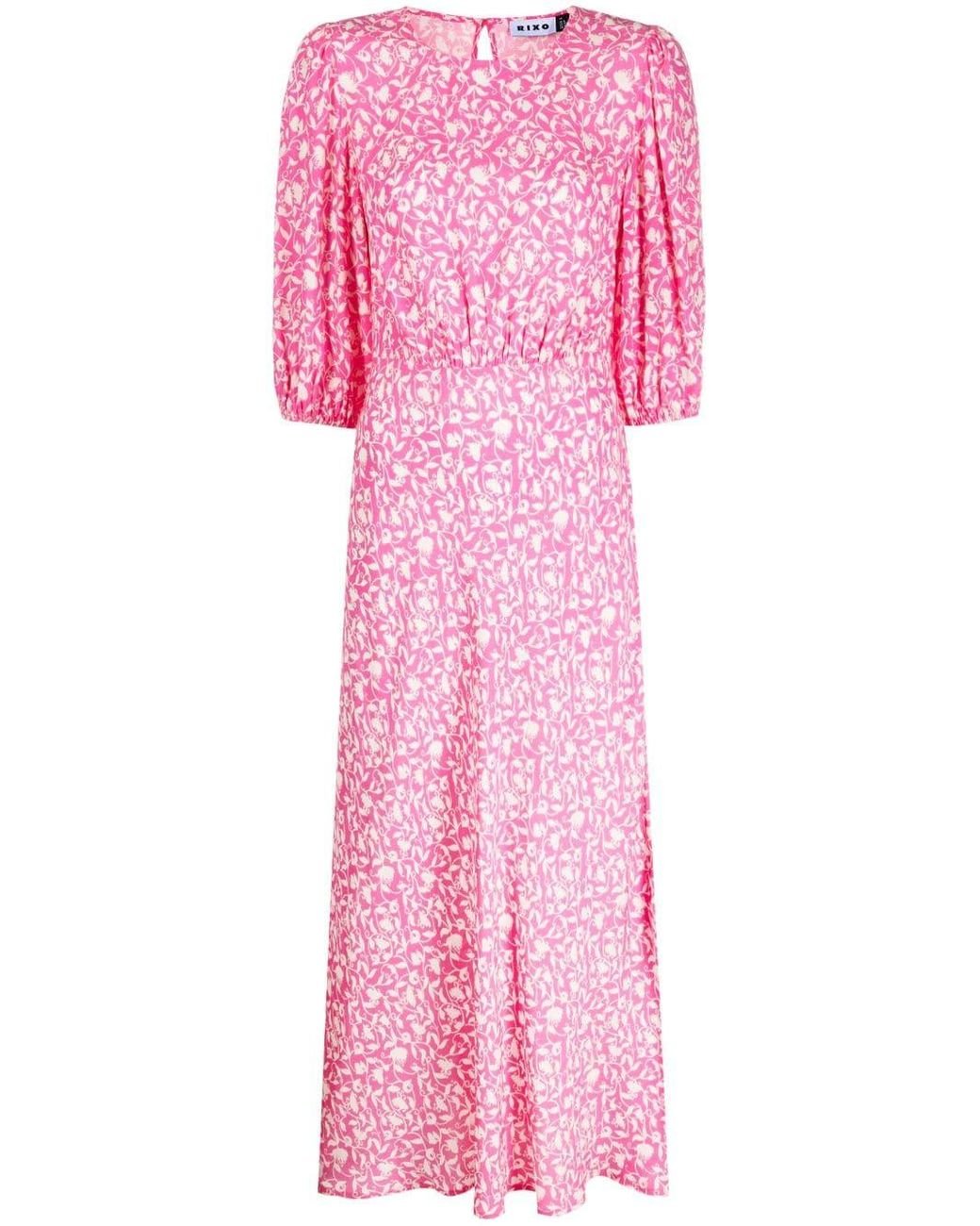 RIXO London Floral-print Balloon-sleeve Dress in Pink | Lyst