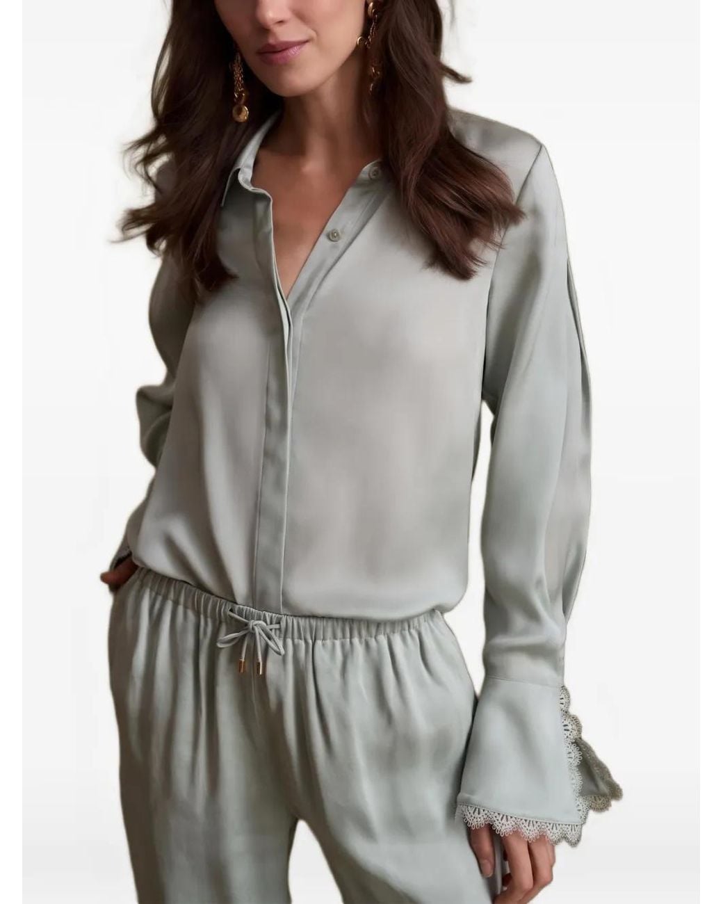 Hevron Green Soraya Lace-Trim Flared-Cuff Shirt