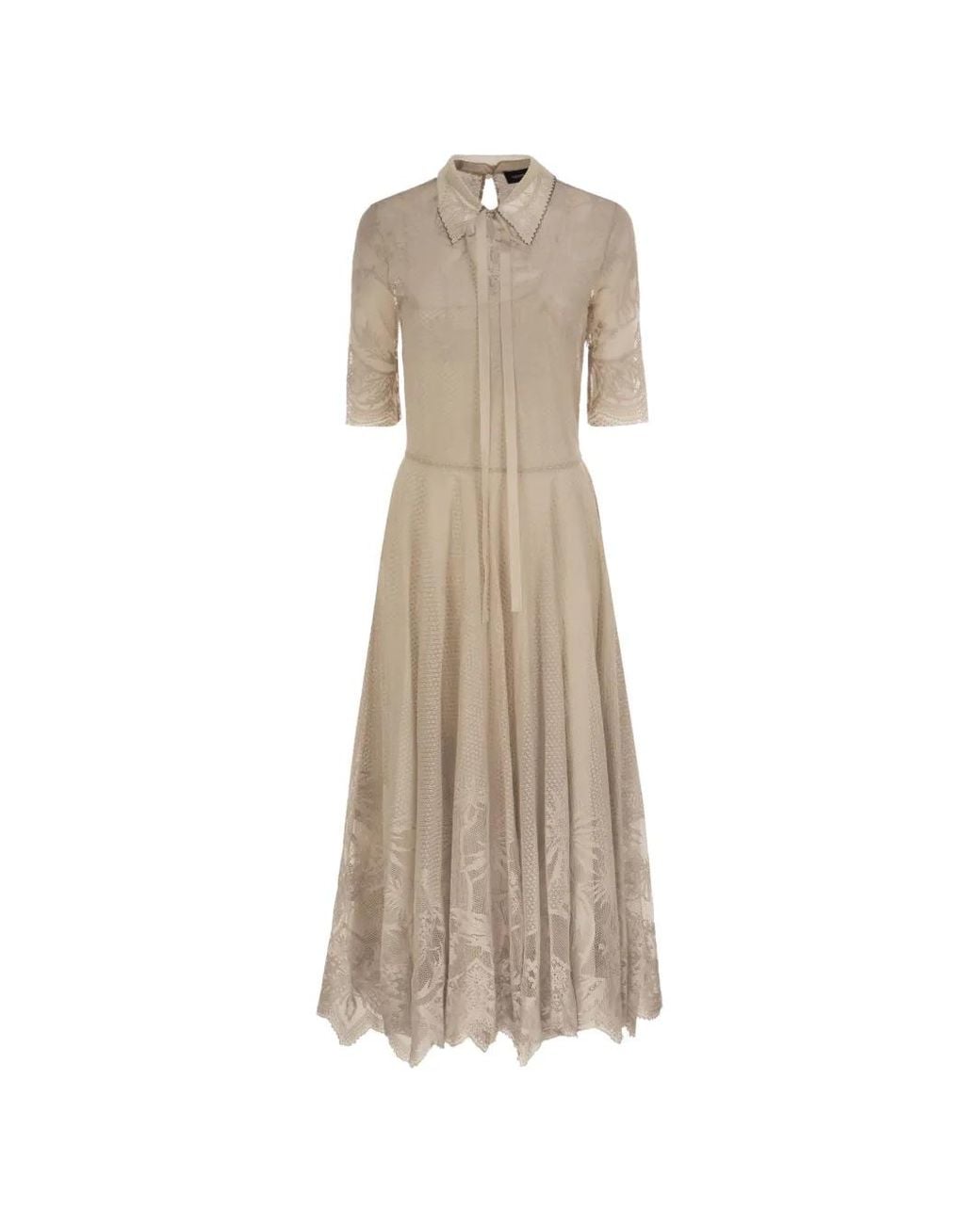 Fabiana Filippi Natural Lace-Overlay Pussy-Bow Midi Dress