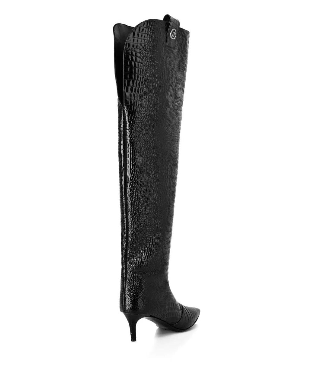 Philipp Plein Black Low-Heel Overknee Boots Cocco Print