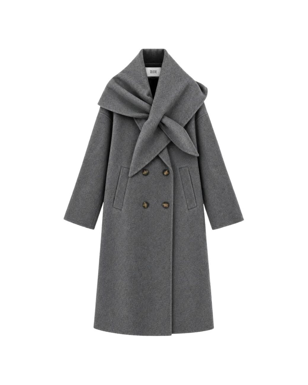 SOLOTRE Gray Double-Breasted Scarf-Collar Coat