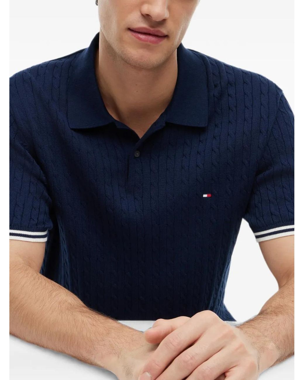 Tommy Hilfiger Blue Cable-Knit Short-Sleeve Polo Shirt for men