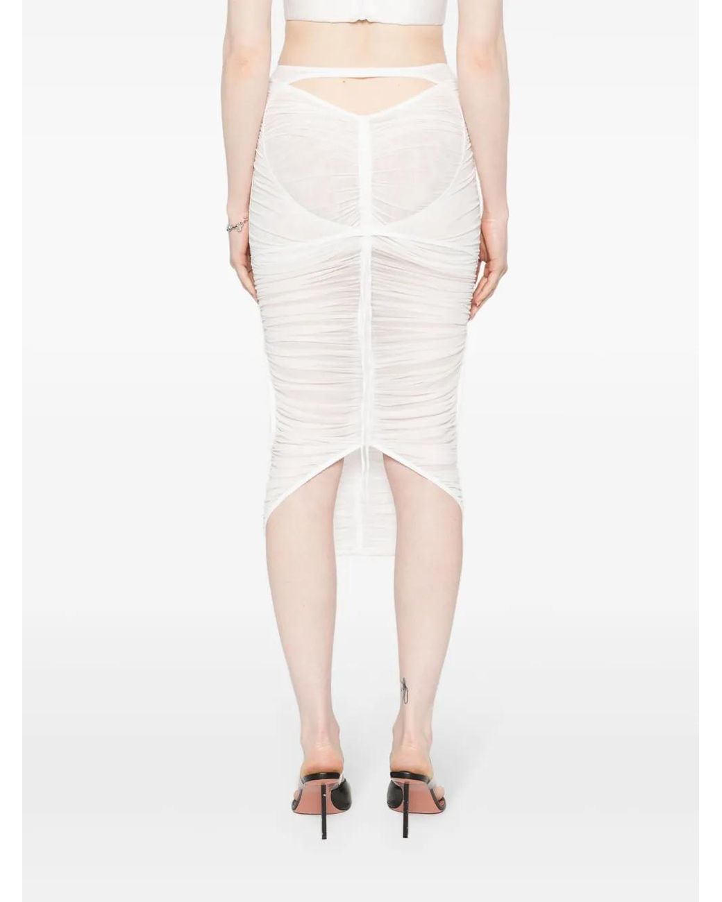 Mugler White Mesh Ruched Midi Skirt