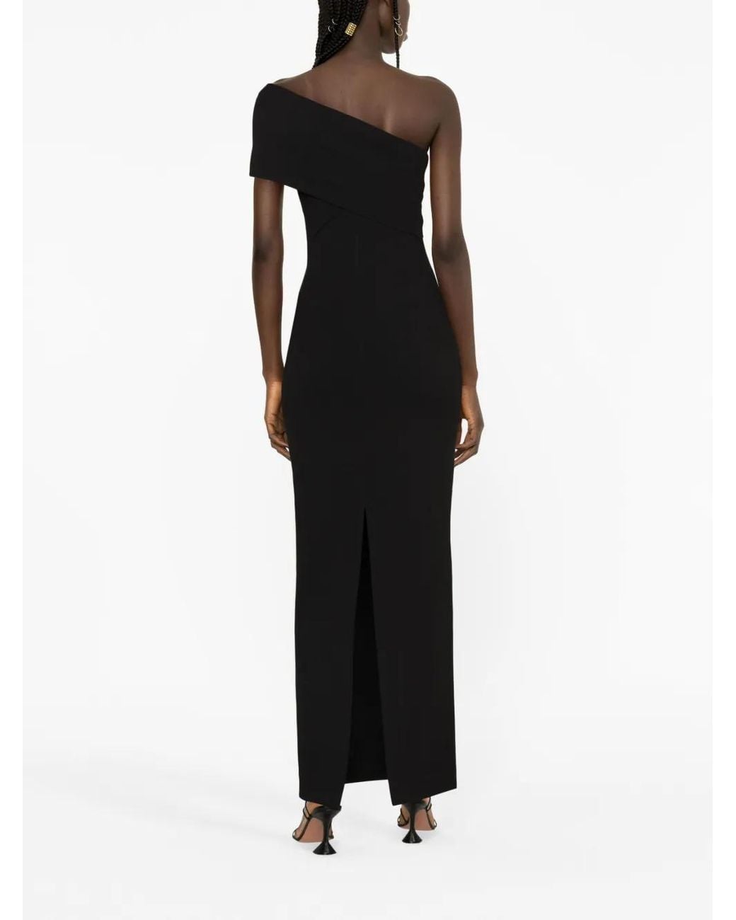 Solace London Black Lana Asymmetric Off-the-shoulder Crepe Gown