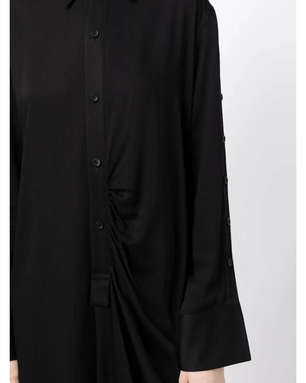 Yohji Yamamoto Black Long-Sleeve Draped Midi Shirt Dress