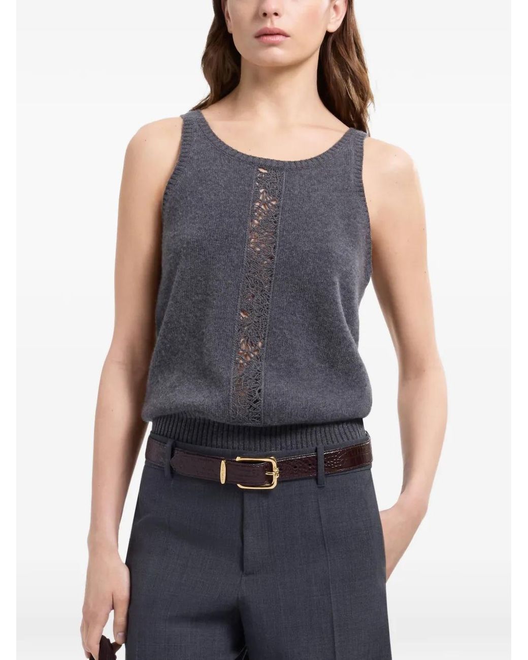 Elie Saab Gray Lace-Insert Knit Top