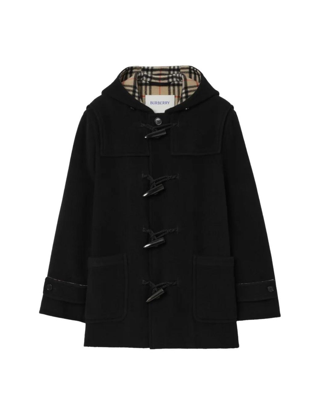 Burberry Black Hooded Check Wool Duffle Coat for men