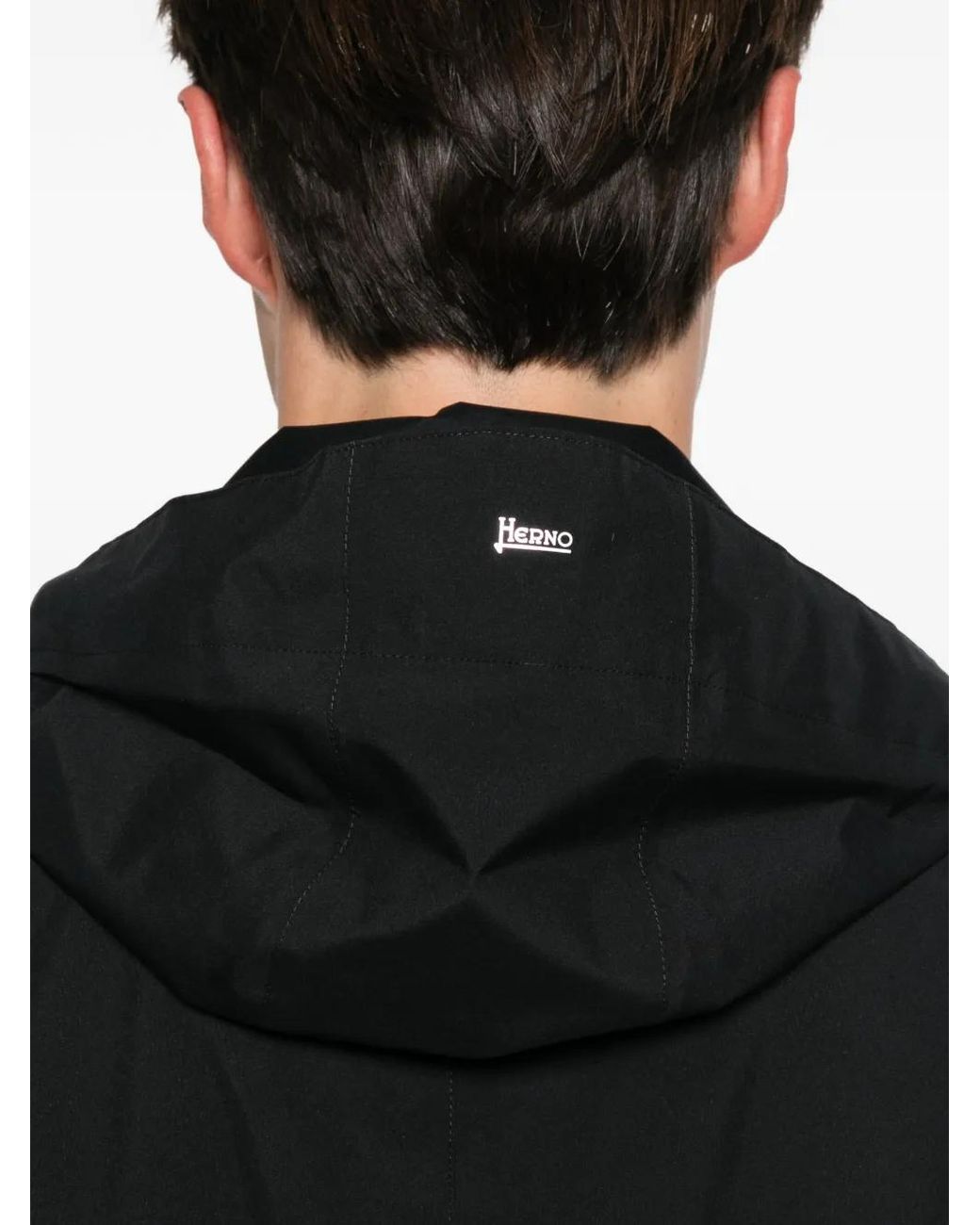 Herno Black Hooded Concealed-Fastening Raincoat for men