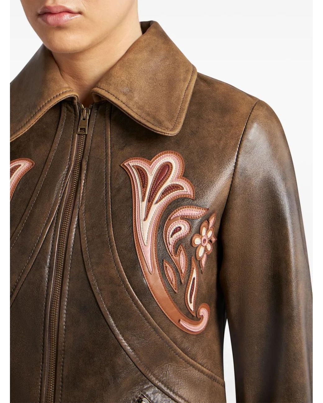 Etro Brown Leather Jacket With Inlays