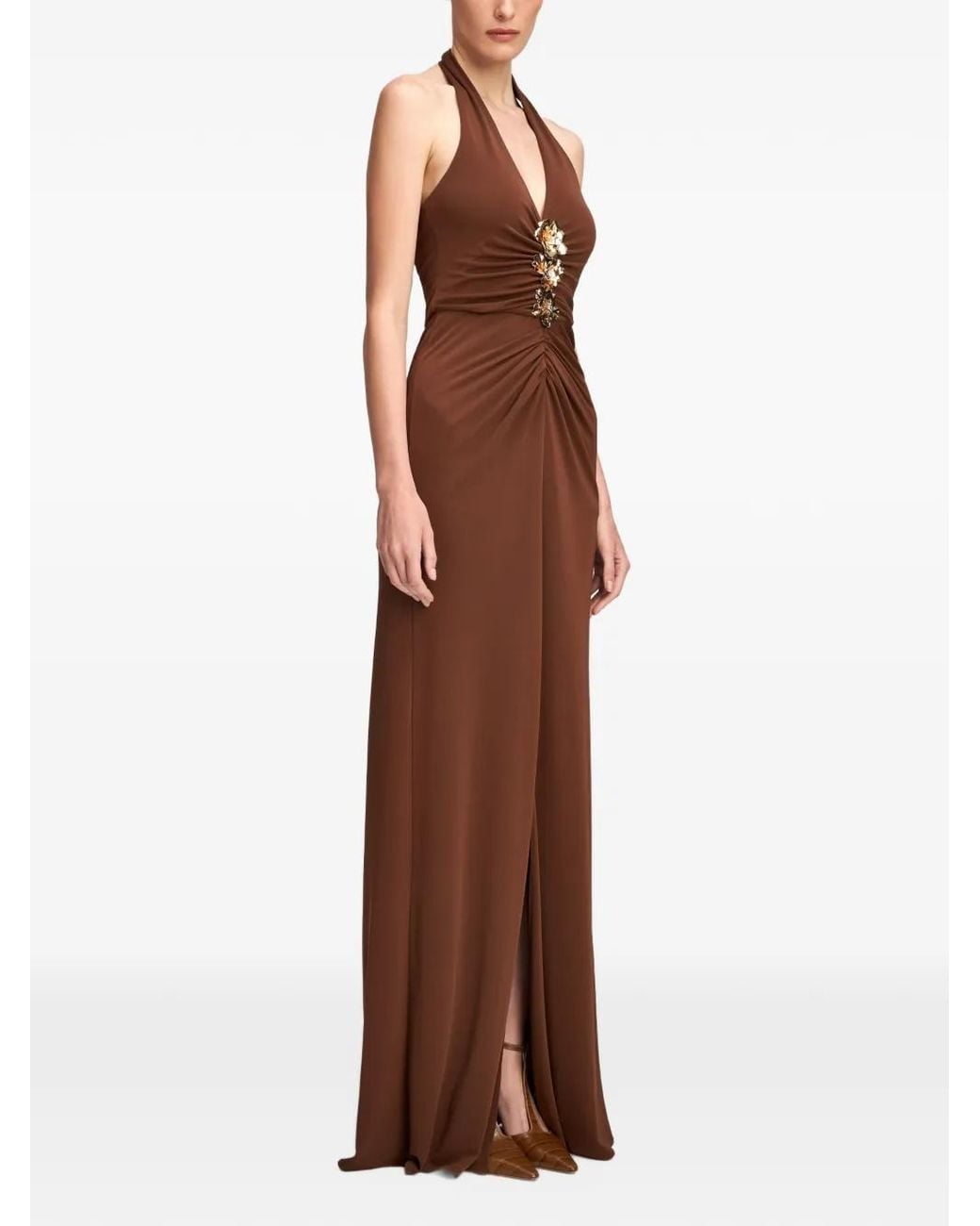 Cinq À Sept Brown Kessan Floral-Embellished Halterneck Maxi Dress