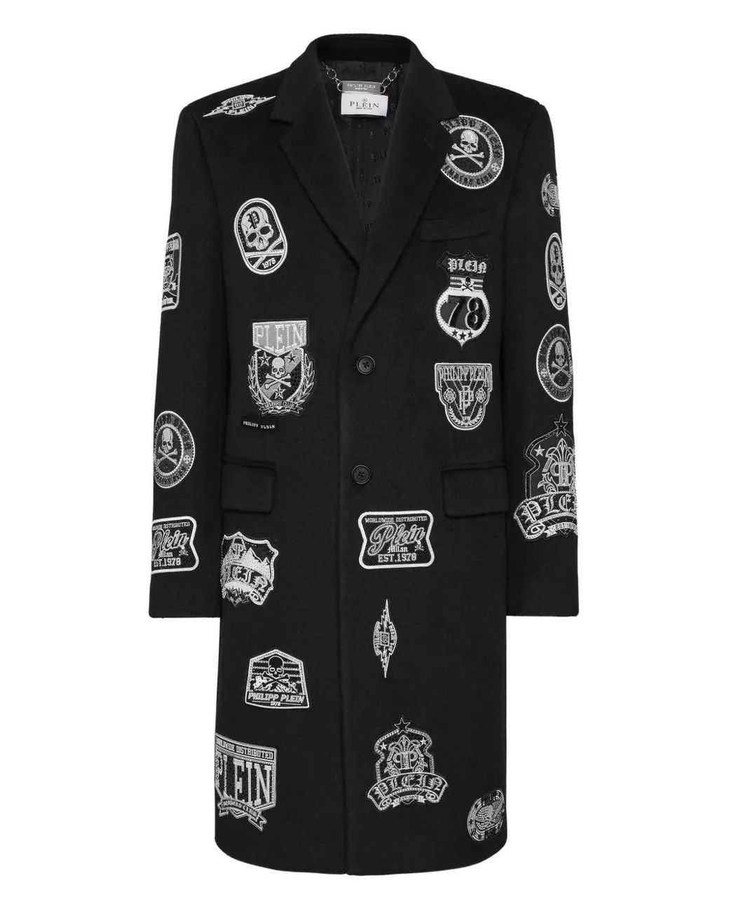 Philipp Plein Black Wool Long Coat With Patches for men