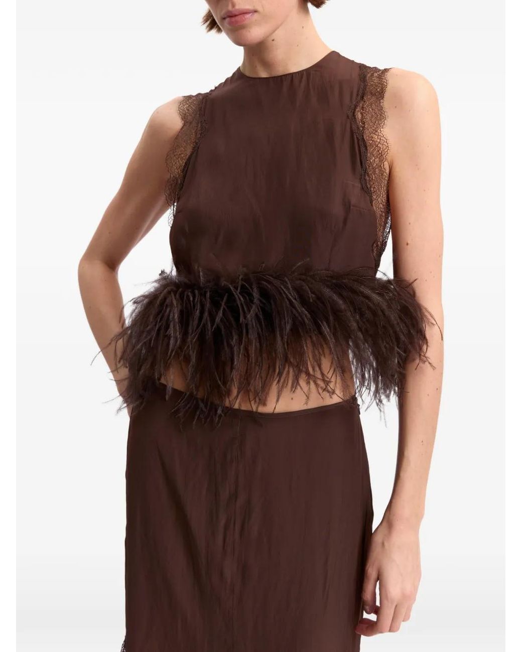 16Arlington Brown Dickens Feather-Trim Lace-Detail Top