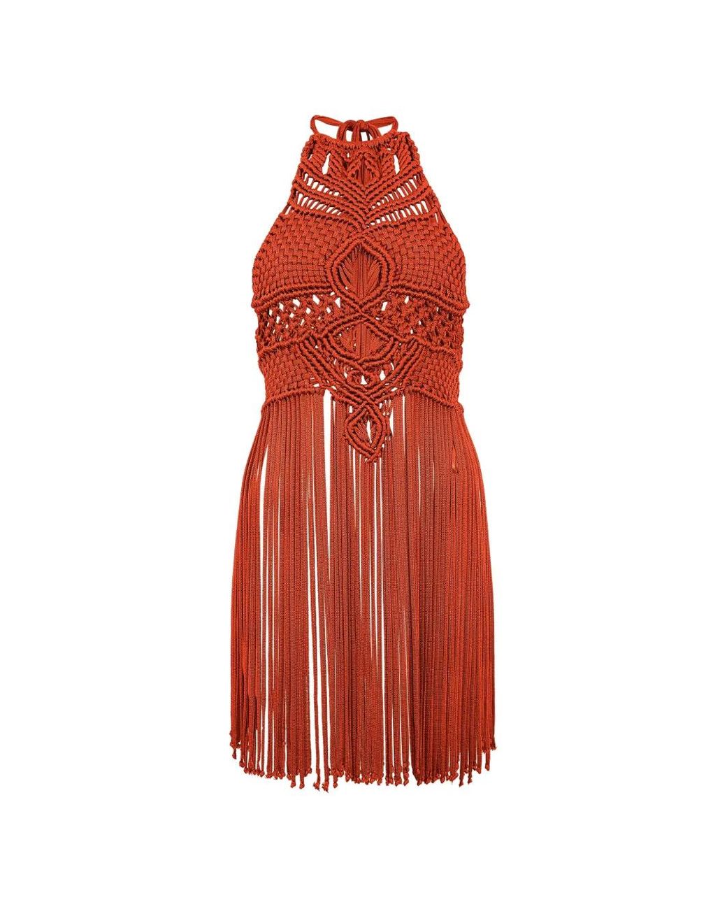 Alberta Ferretti Red Macramé Fringe Mini Dress
