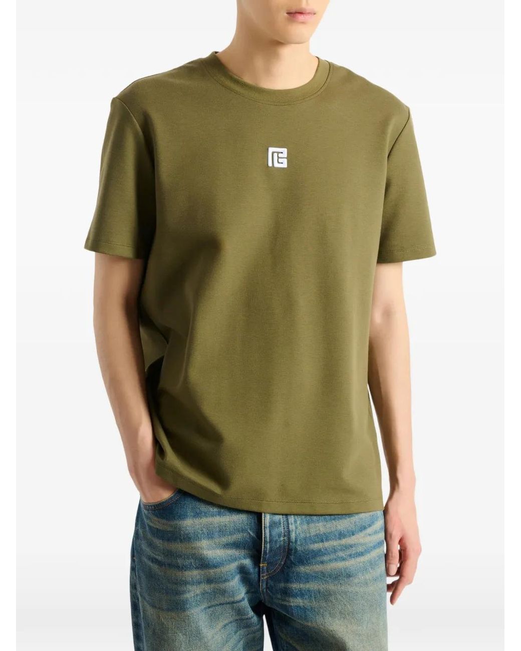 Balmain Green T-Shirt With Embroidered Logo for men