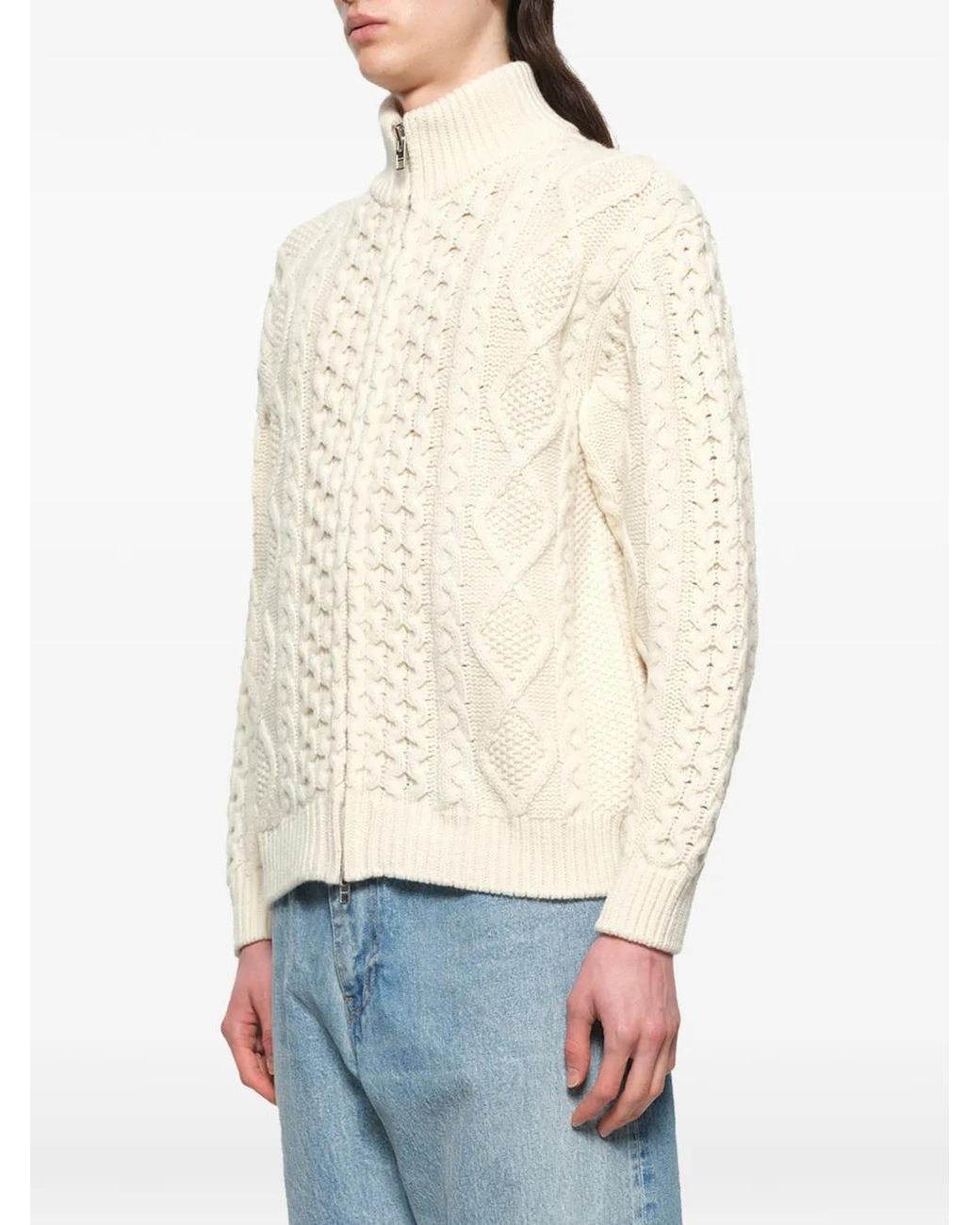 vowels White Cable-Knit Zip-Up Sweater for men