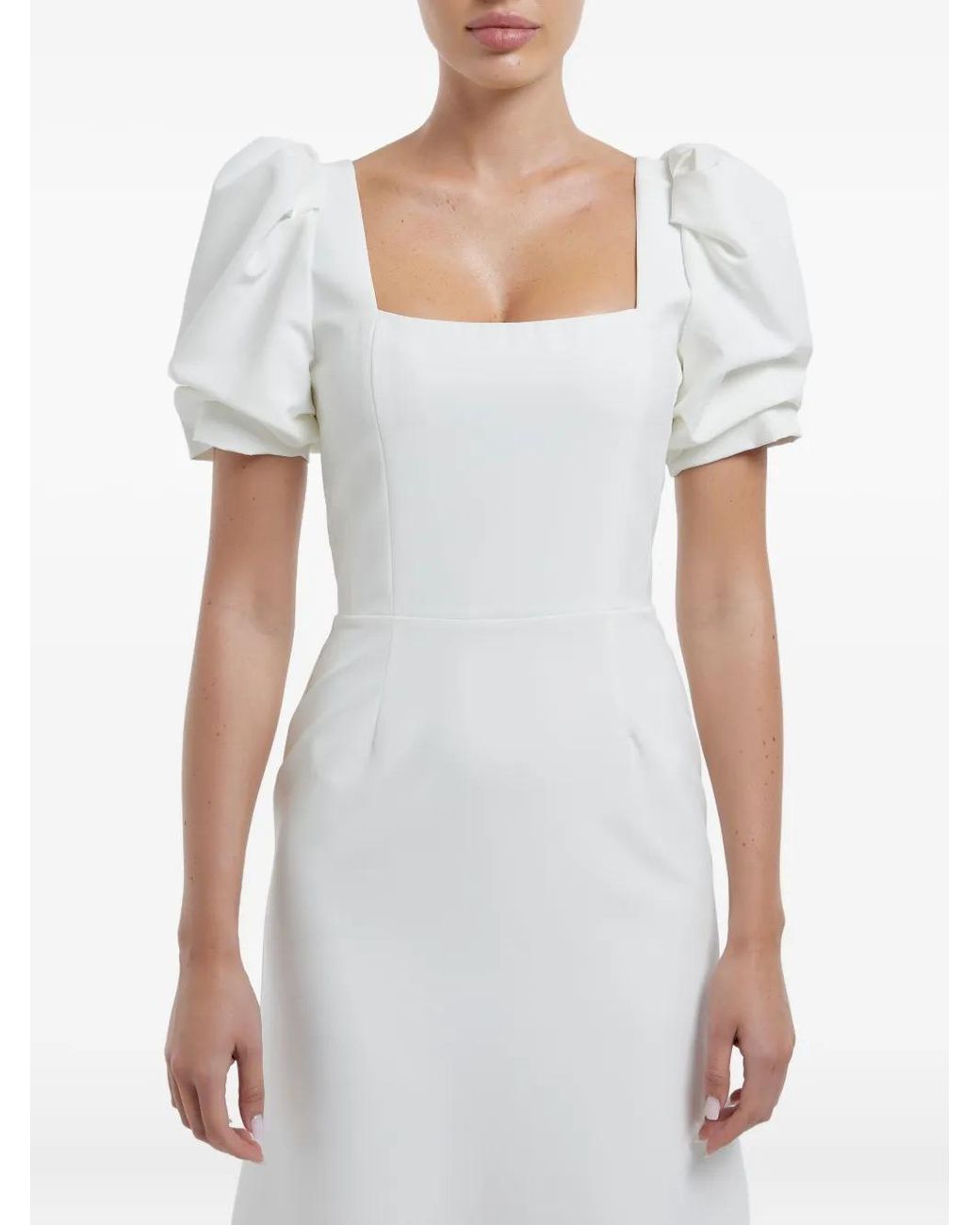 POST MERIDIEM White Godet-Silhouette Square-Neck Midi Dress