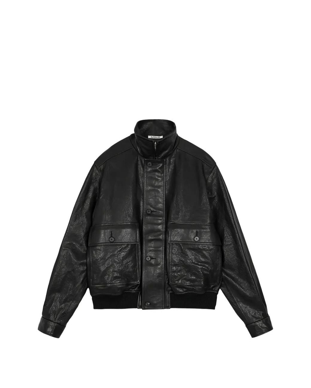 Auralee Black High-Neck Leather Jacket for men