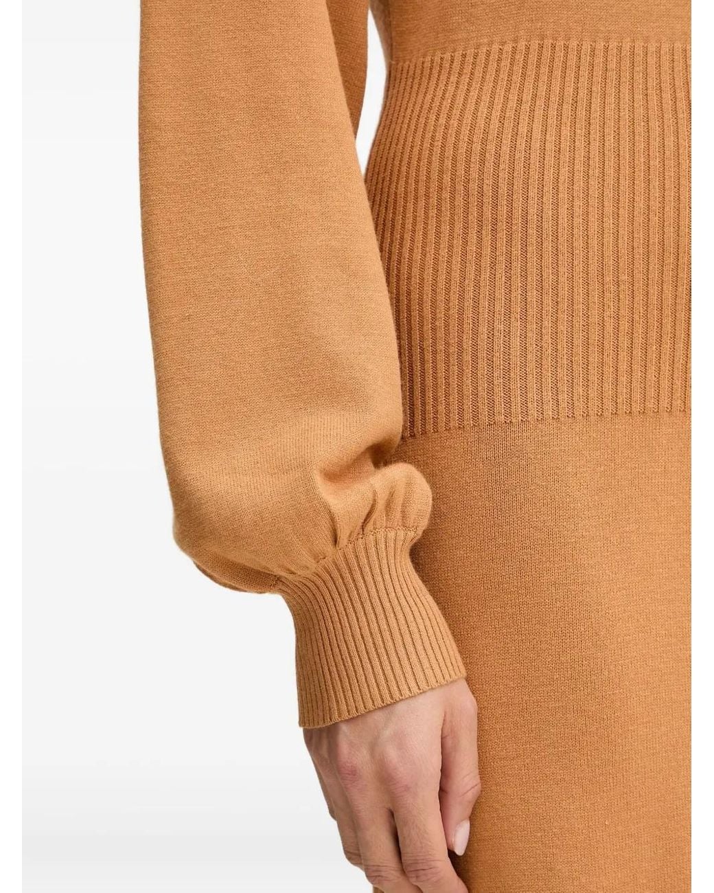 Silvian Heach Orange Ribbed Balloon-Sleeve Midi Dress