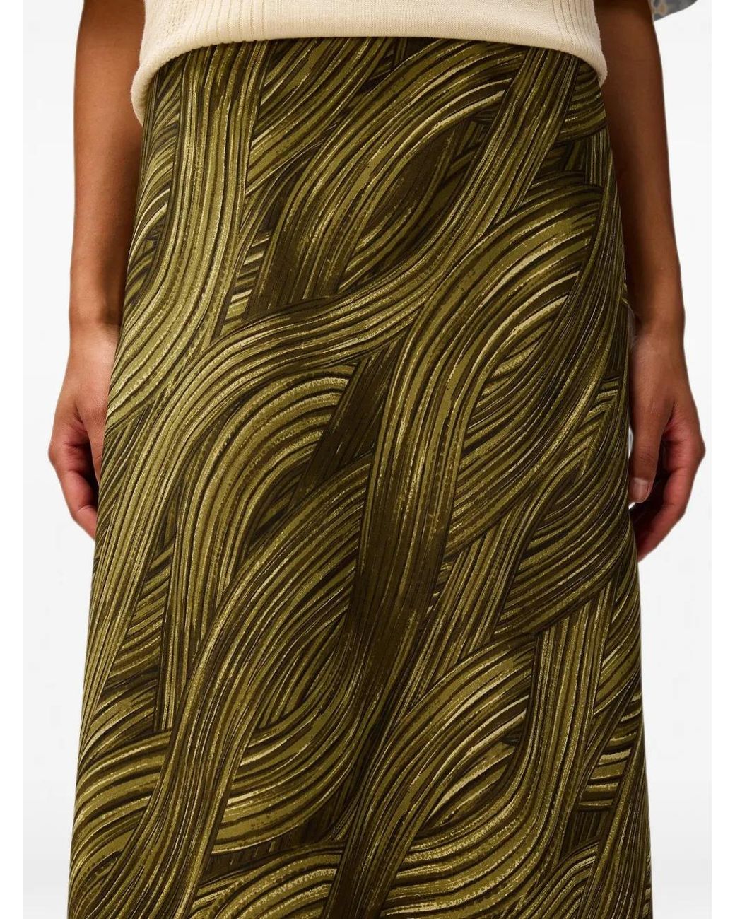 RETORI Green Printed A-Line Silk Midi Skirt