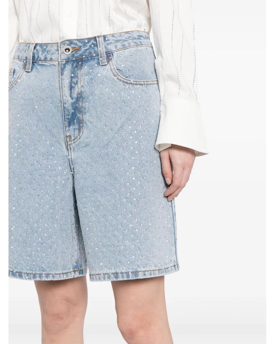 Self-Portrait Blue Denim Bermuda Shorts With Rhin