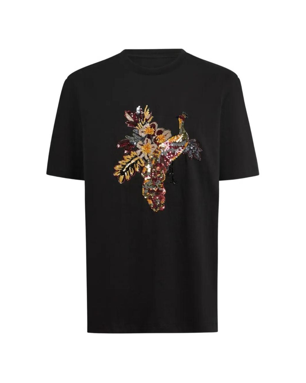 Etro Black Cotton T-Shirt With Peacock Embellishment