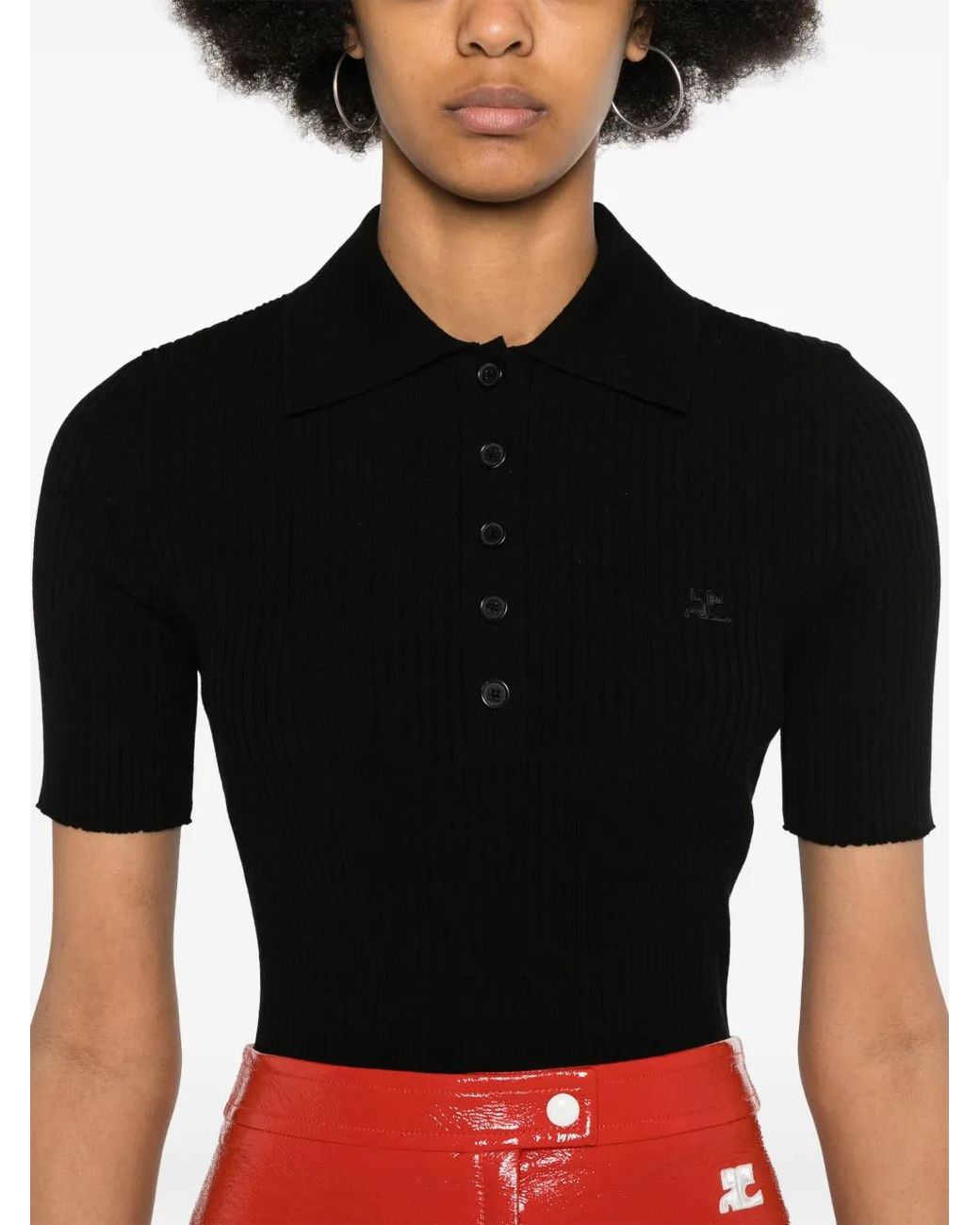 Courreges Iconic Ribgebreid Poloshirt in het Black