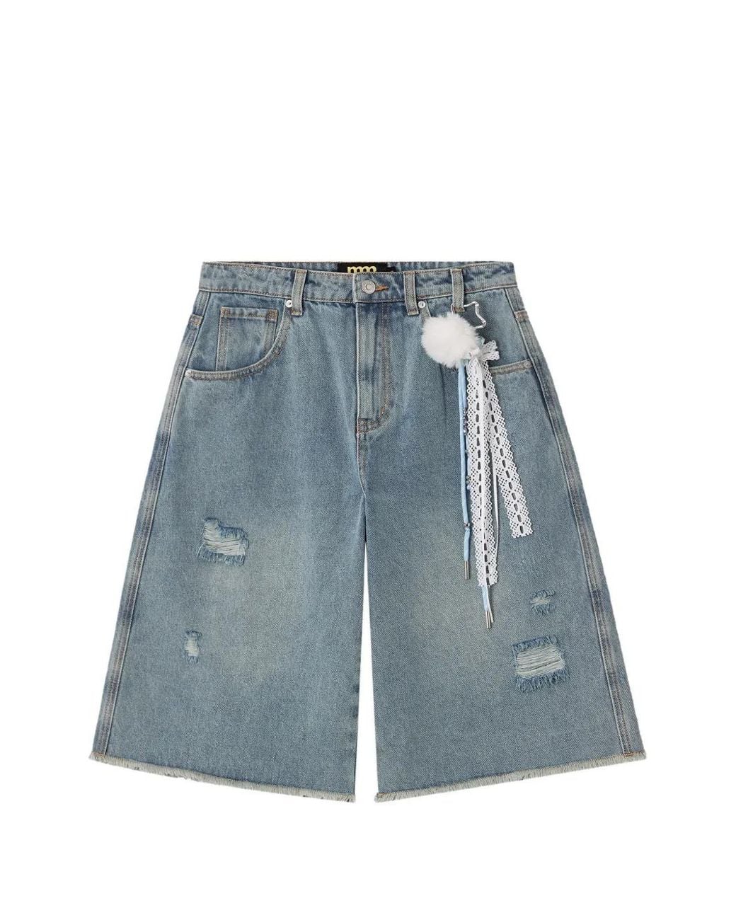 Mini Cream Blue Distressed Raw-Edge Shorts