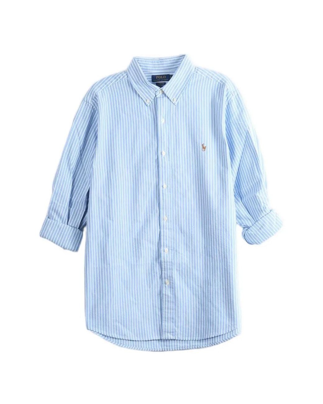 Polo Ralph Lauren Blue Vertical-Stripe Embroidered-Logo Shirt for men