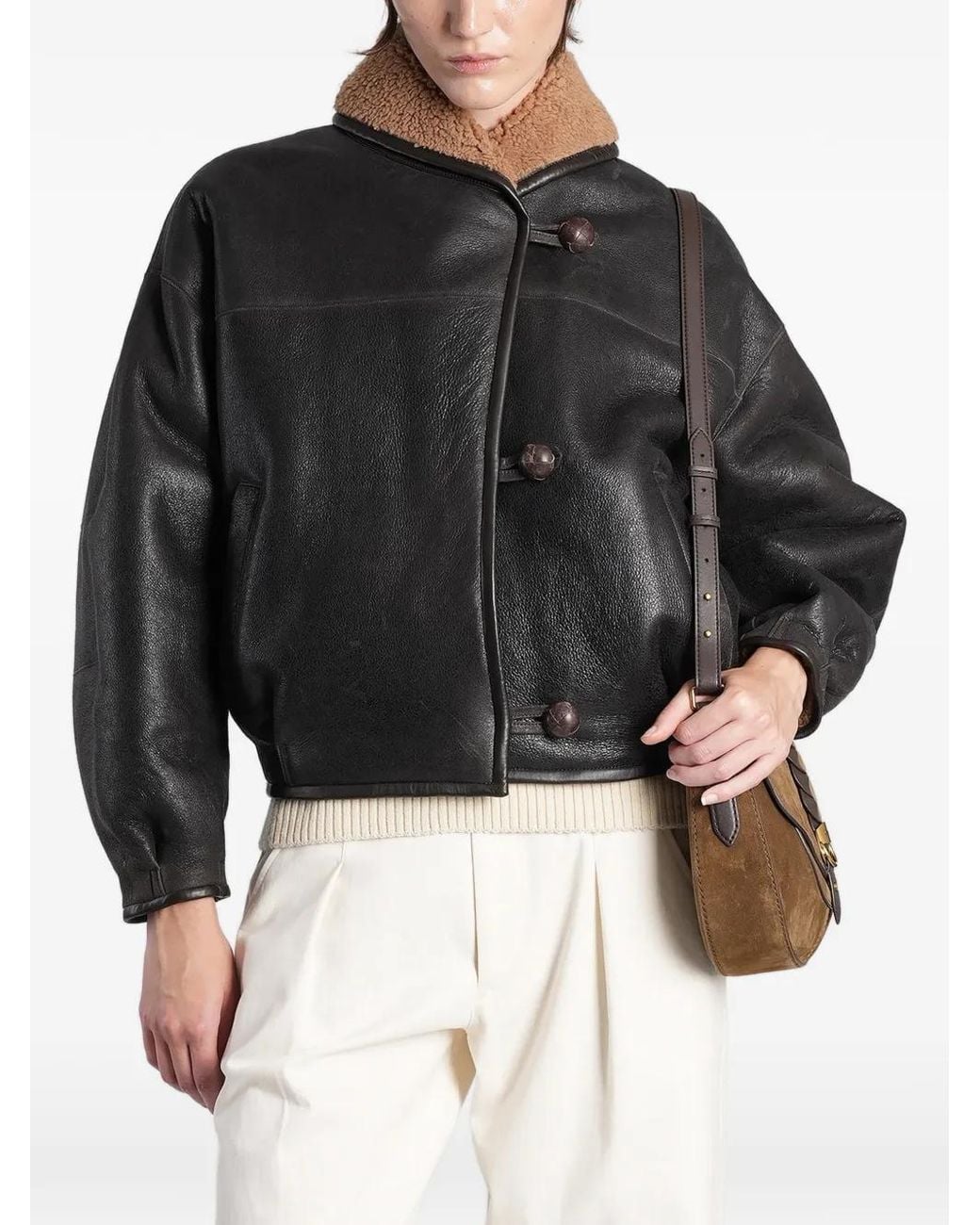 Isabel Marant Black Shearling-Collar Leather Coat