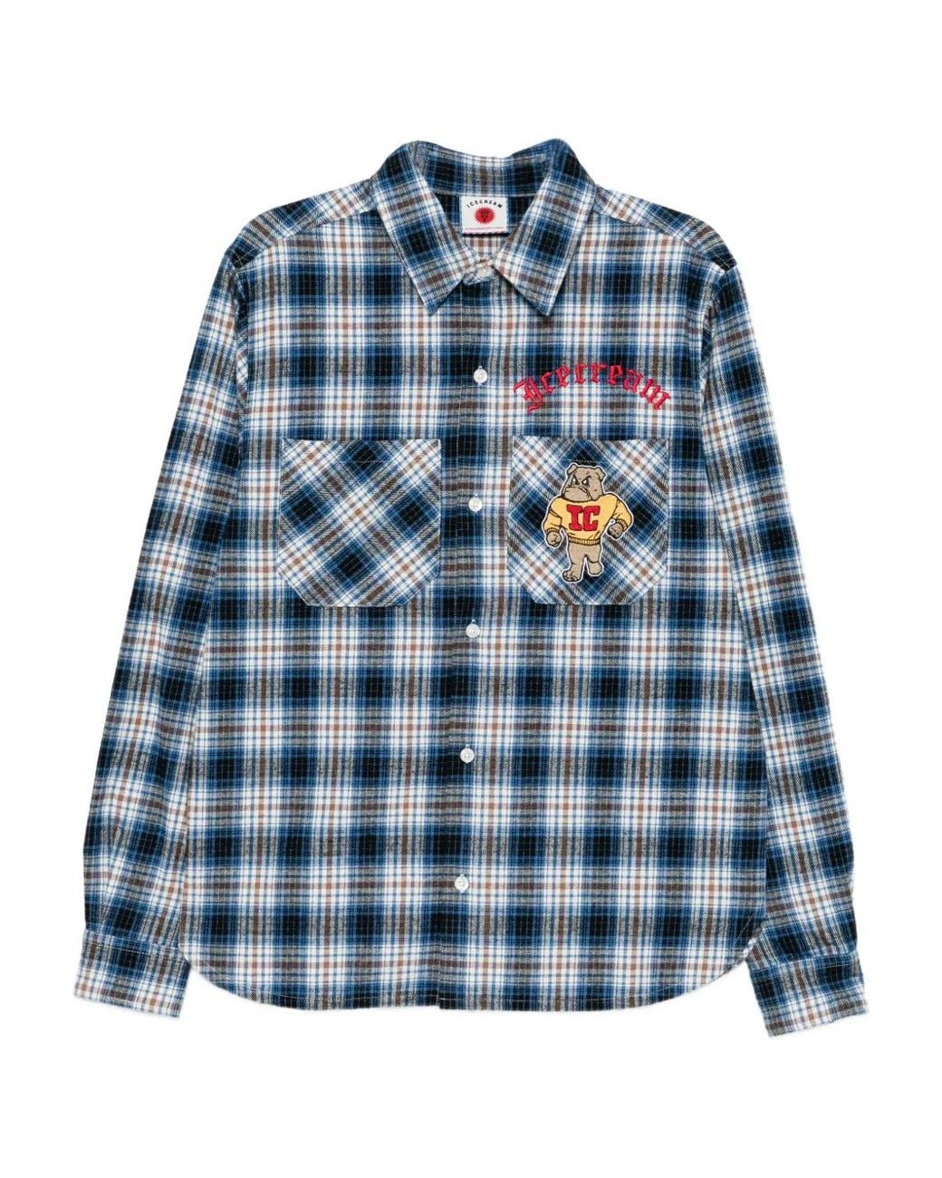 ICECREAM Blue Mascot-Embroidered Checked Shirt for men