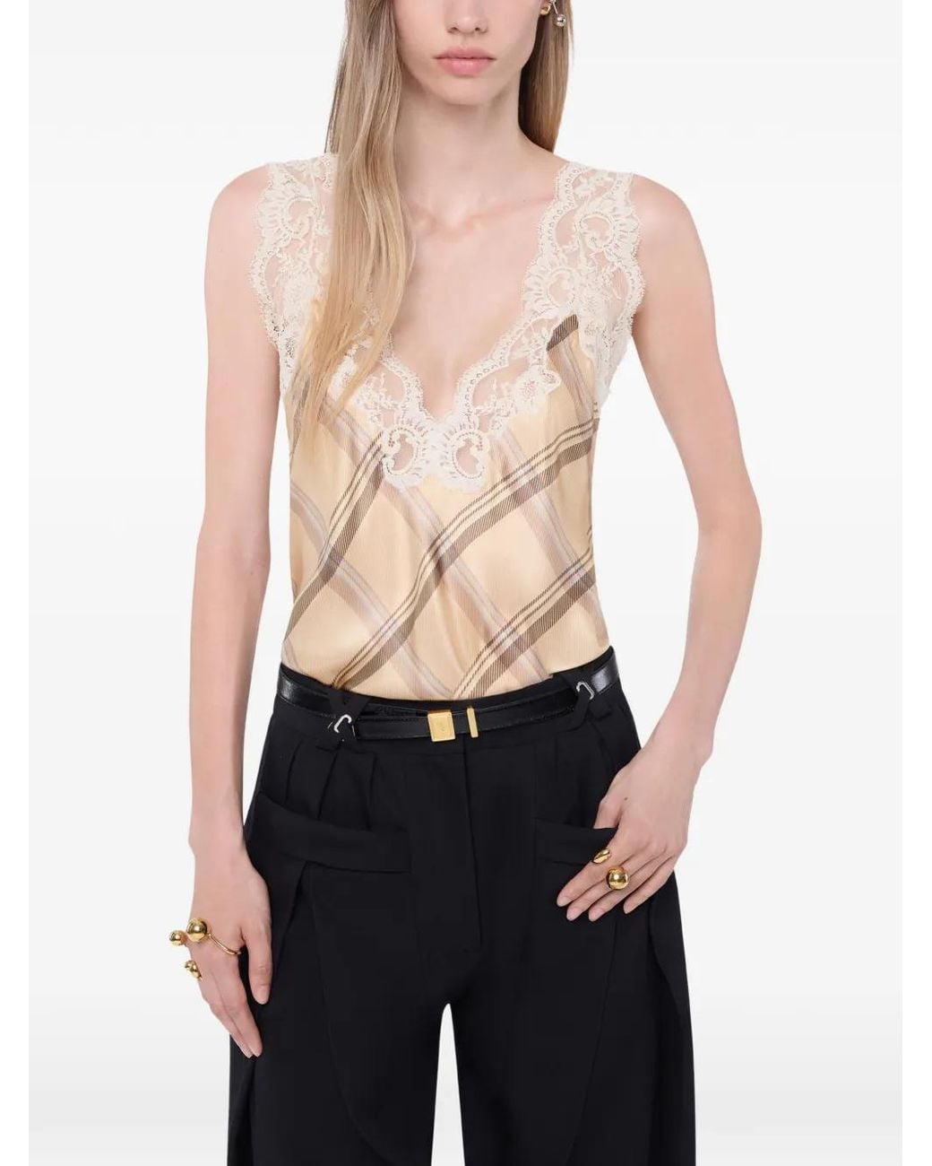Rabanne White Tartan Print Silk Tank Top With Lace Detailing