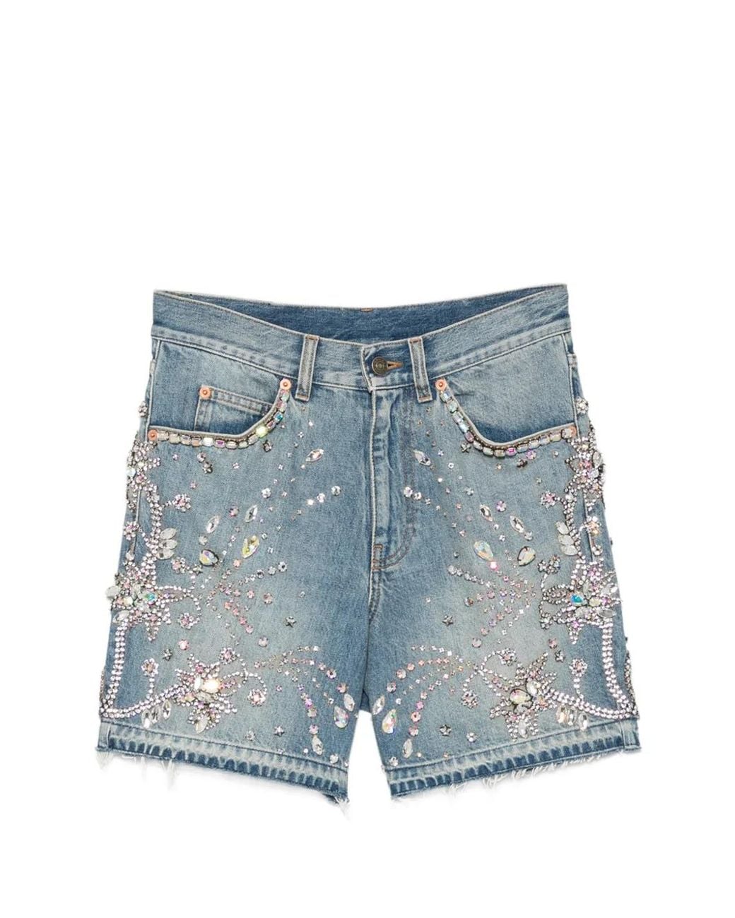 Gucci Blue Crystal-Embellished Frayed-Edge Shorts