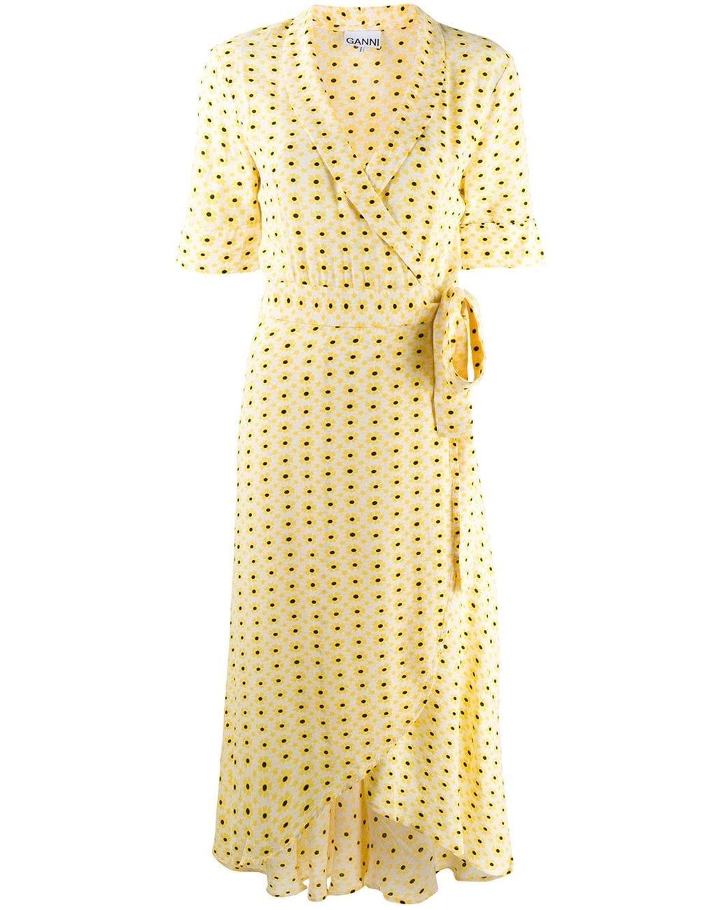 Robe portefeuille mi-longue à volants Ganni en coloris Jaune | Lyst