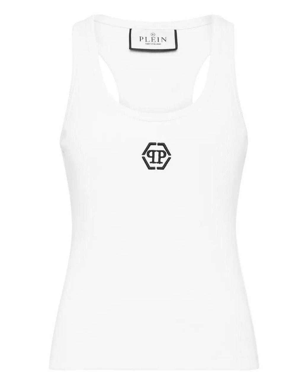 Philipp Plein White Ribbed Tank Top Hexagon