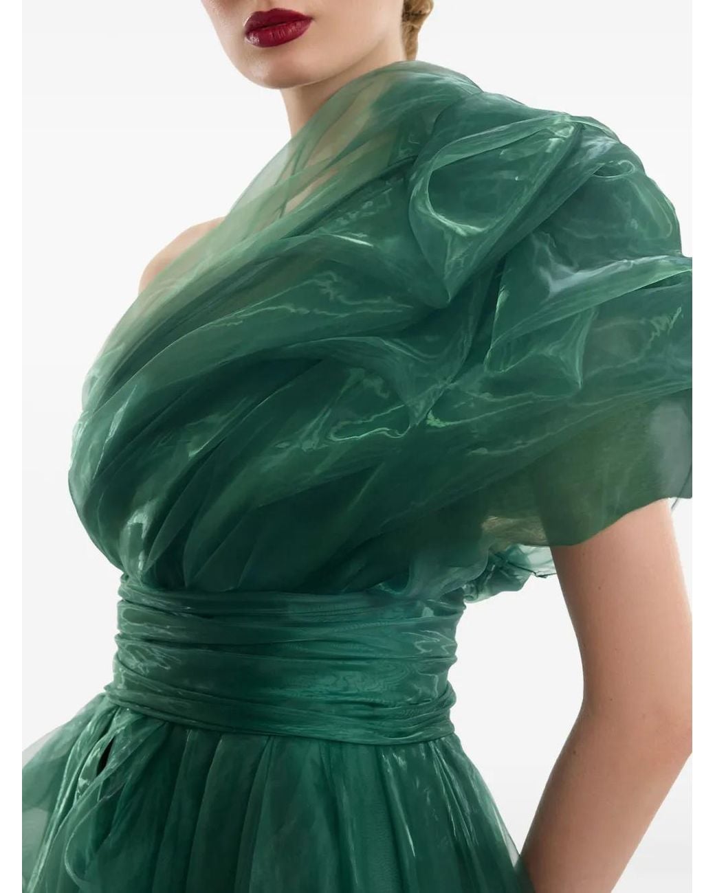 Gemy Maalouf Green One-Shoulder Ruched Gown